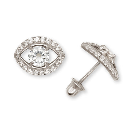 14K Yellow & White Gold CZ Evil Eye Stud Fashion Earrings for Women