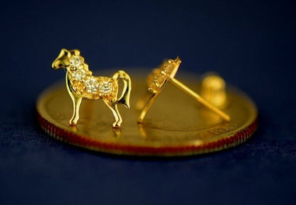 14k Yellow or White Gold Horse CZ  Stud Earrings