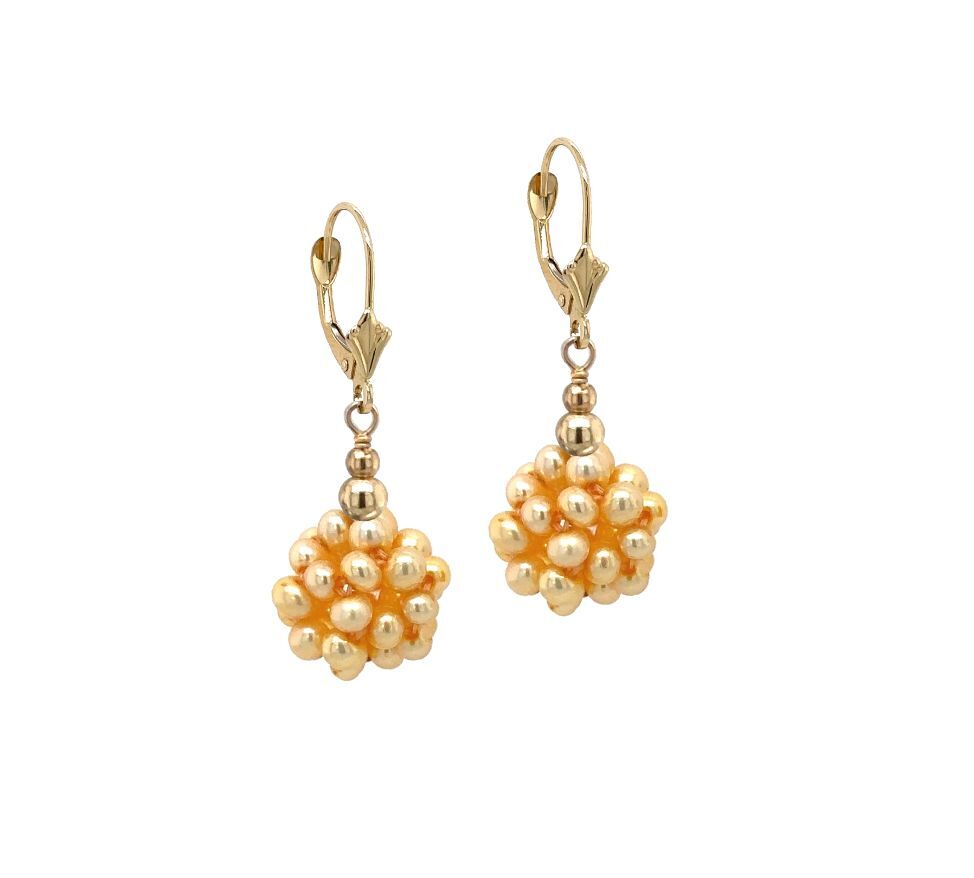 14k Yellow Gold Dangle Freshwater Pearl Cluster Leverback Earrings