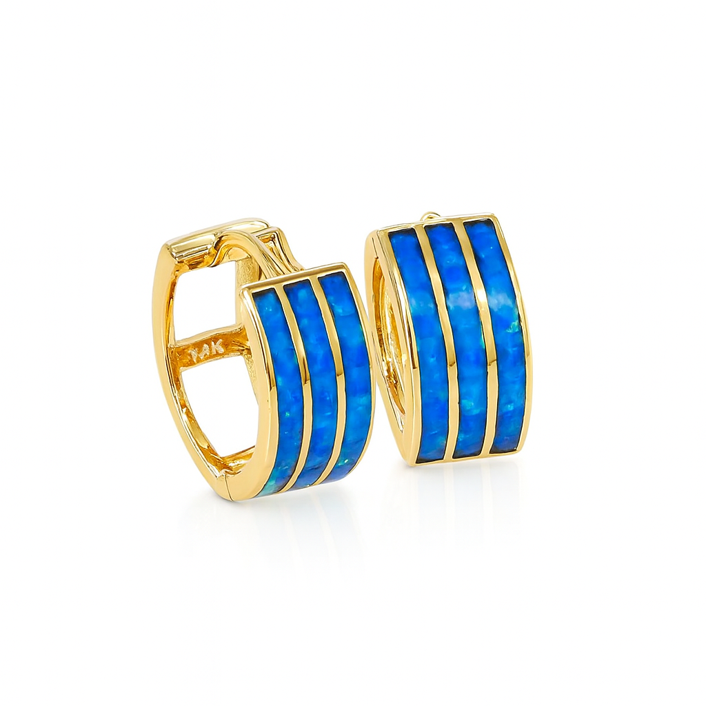 14k Yellow Gold Triple Row Dark Blue Opal Huggie Hoop Earrings
