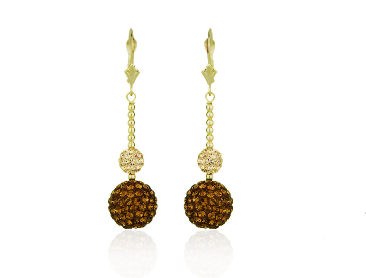 14K Yellow Gold Lever Back Dangle Ball Earrings with Genuine Czech Crystals.