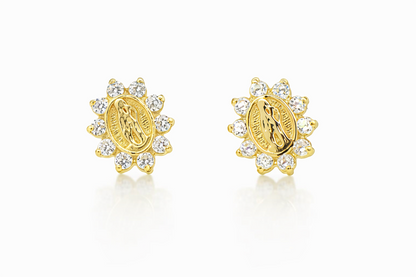 Solid 14K Yellow Gold Guadalupe Virgin Mary Screw Back CZ Stud Earrings S137XS