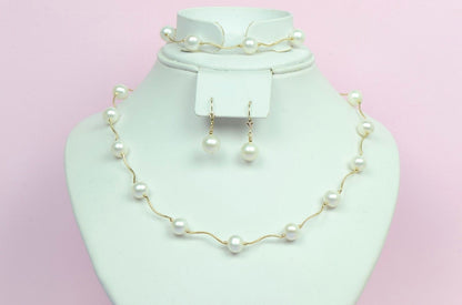 14k Yellow Gold Natural White Pearls Necklace, Bracelet, Earrings 3pcs Women Set