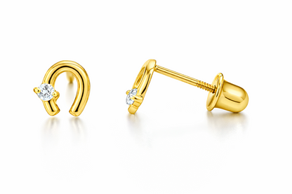 14k Solid Yellow or White Gold Horse Shoe Screw Back Stud Earrings with CZ
