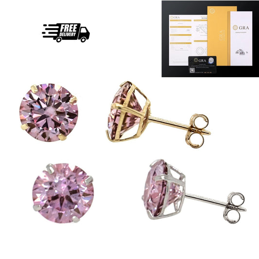 14K Gold GRA Certified D-VVS1 Round Pink Moissanite PushBack Studs Earrings