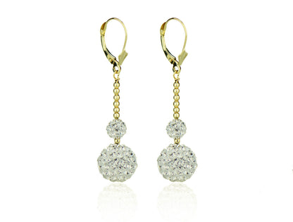 14K Yellow Gold Lever Back Dangle Ball Earrings with Genuine Czech Crystals.