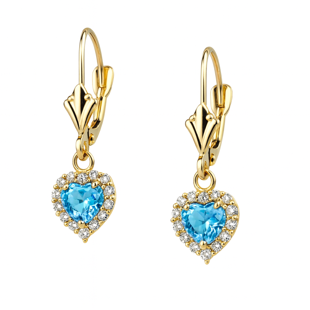 14k White Gold Halo Dangle Heart Leverback Pierced Earrings Birthstone