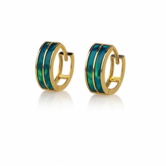 14k Yellow/White Gold Double Row Green Opal Huggie Hoop Earrings