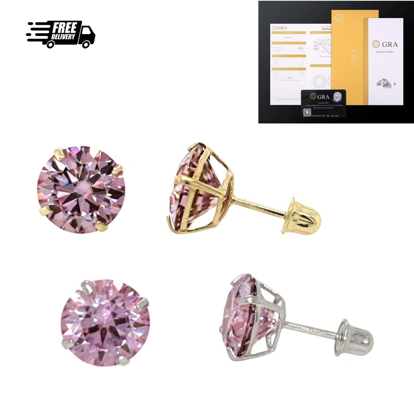 14K Gold GRA Certified D-VVS1 Round Pink Moissanite Screw Back Studs Earrings