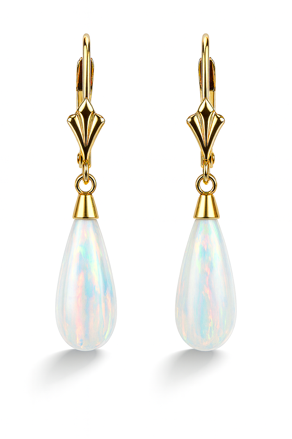 14k-Yellow and White Gold  Dangle White Opal Leverback Earrings