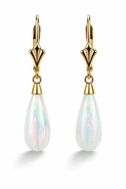 14k-Yellow and White Gold  Dangle White Opal Leverback Earrings