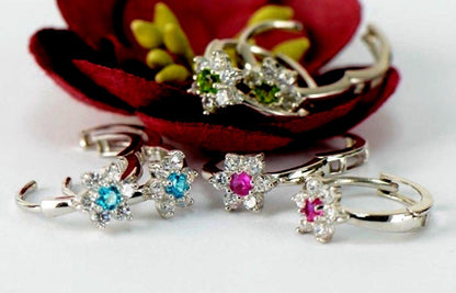 14k White Gold Flower Huggies Hoop Earring Birthstone