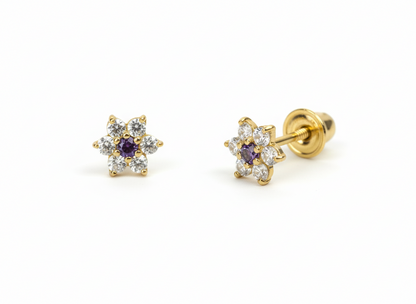 14K Yellow Gold Classic Flower CZ  Stud Earrings for Women