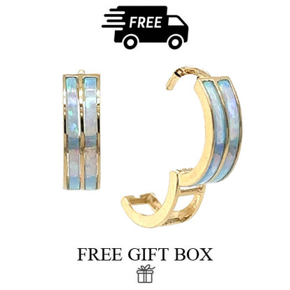 14k Yellow/White Gold Double Row Light Blue Opal Huggie Hoop Earrings