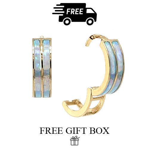 14k Yellow/White Gold Double Row Light Blue Opal Huggie Hoop Earrings