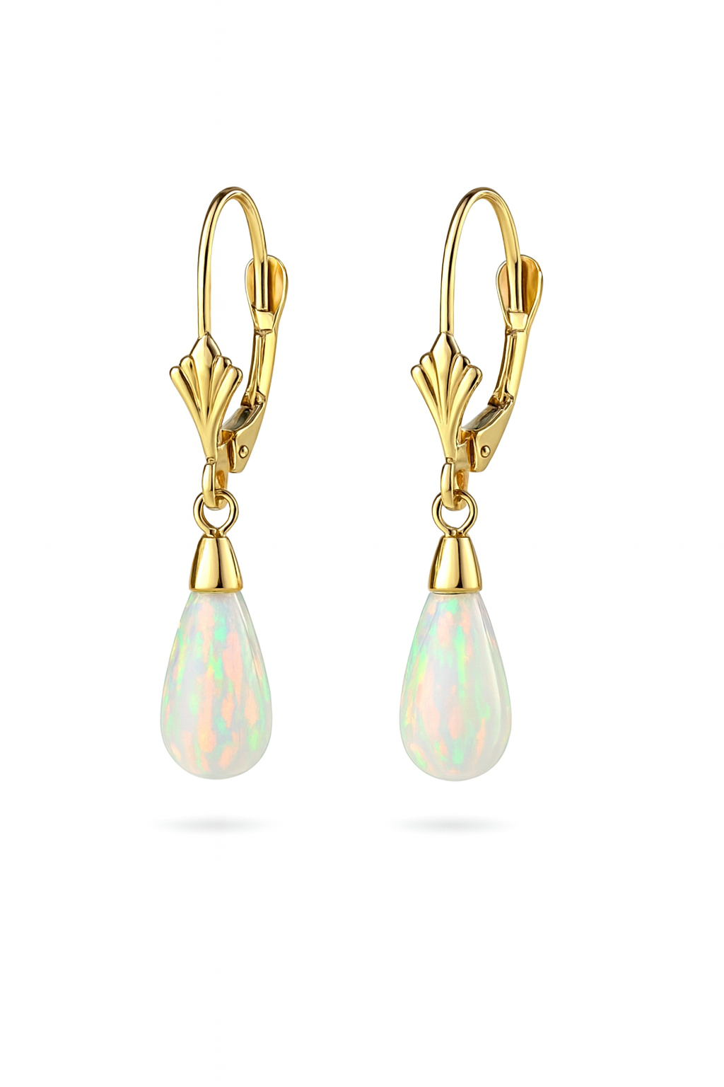 14k-Yellow and White Gold  Dangle Opal Leverback Earrings