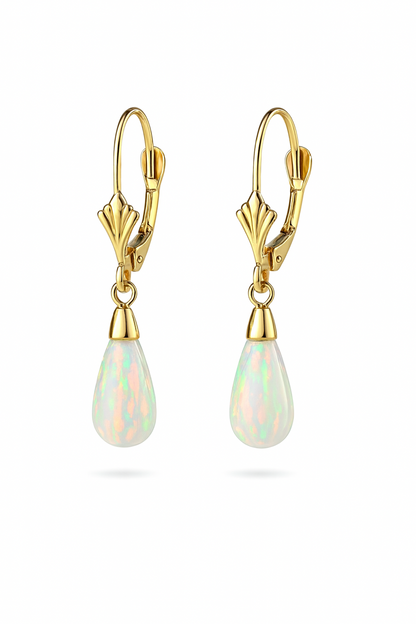 14k-Yellow and White Gold  Dangle Opal Leverback Earrings