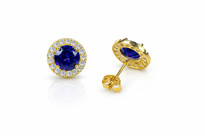 14K Solid Yellow Gold Round Halo CZ Stud Push Back Earrings
