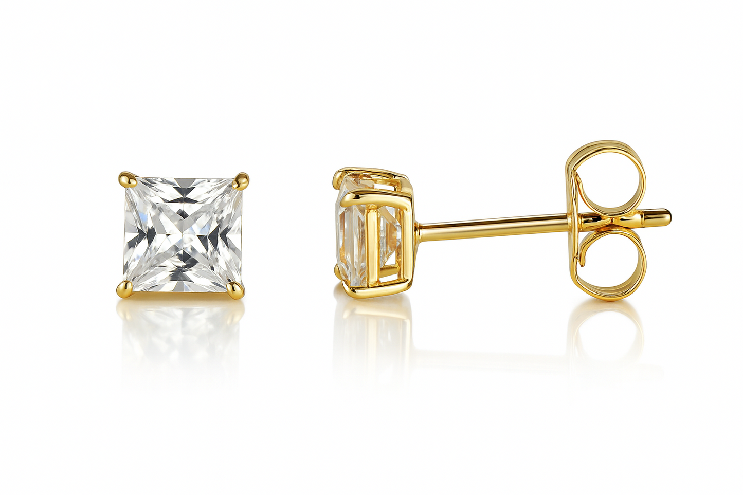 14k  White Gold Heavy Basket Square AAA Quality CZ Stud Earrings with Push Back