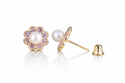 14k Yellow and White Gold Flower CZ Stud Earrings White Pearl with Screw Back