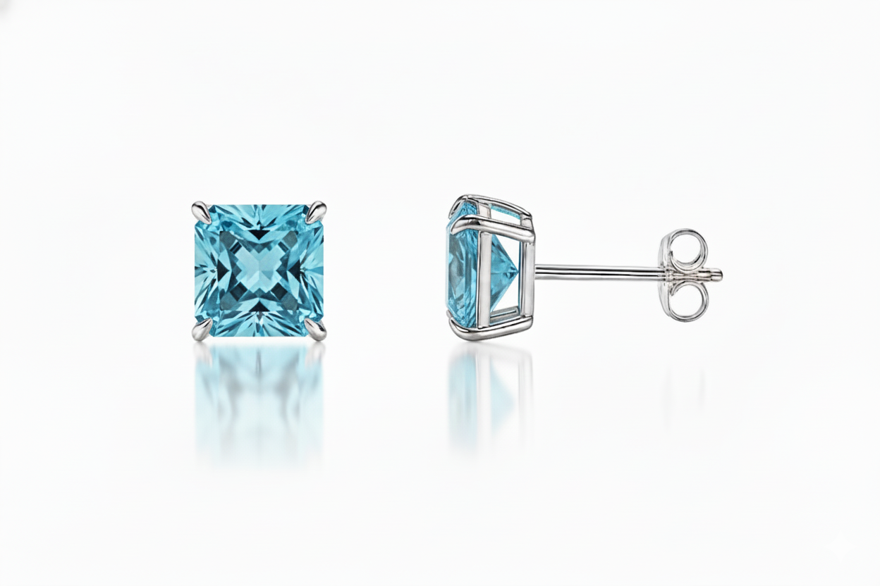 14k White Gold Solid Square Princess Cut Birthstone 6MM CZ Stud Earrings