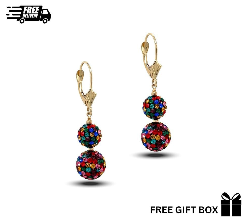 14K Yellow Gold Leverback Dangle Earrings with Genuine Czech Crystals