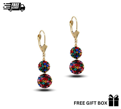 14K Yellow Gold Leverback Dangle Earrings with Genuine Czech Crystals