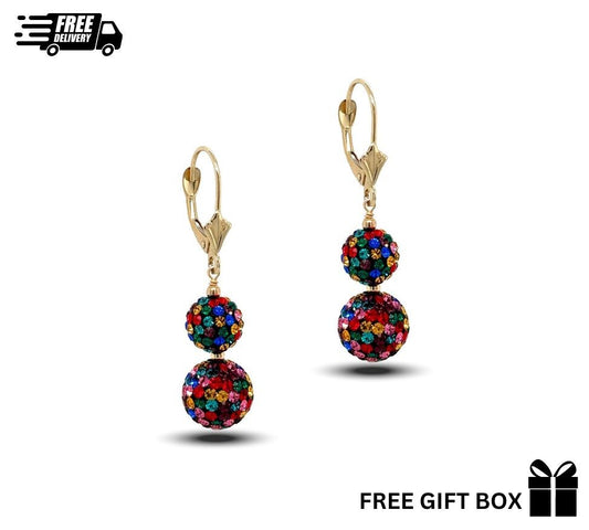 14K Yellow Gold Leverback Dangle Earrings with Genuine Czech Crystals