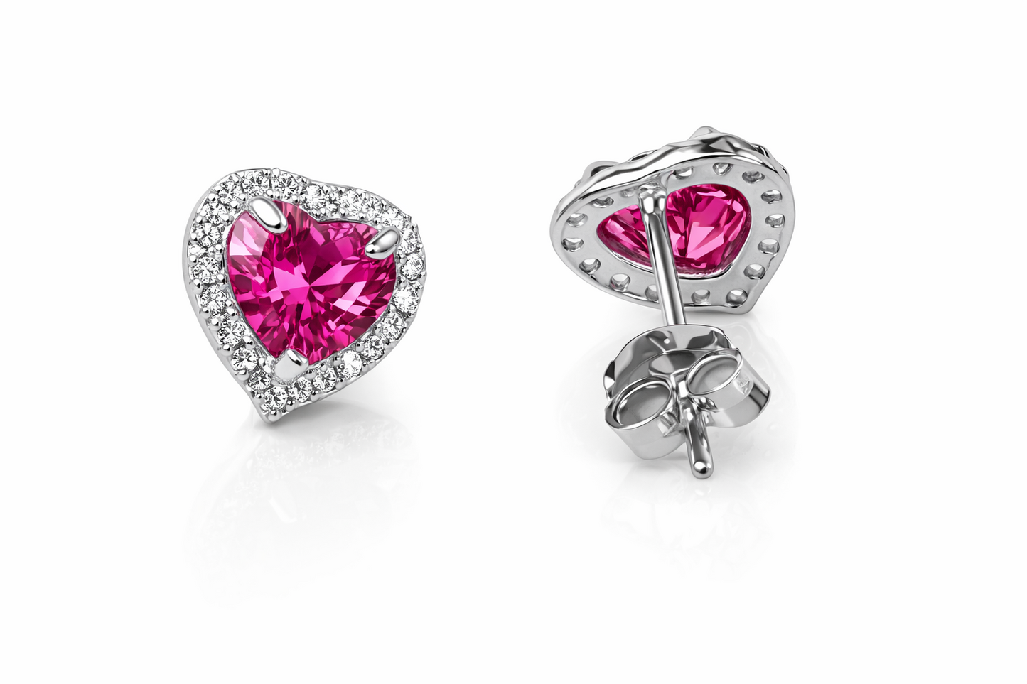 14k Solid White Gold Halo Heart Stud Earrings