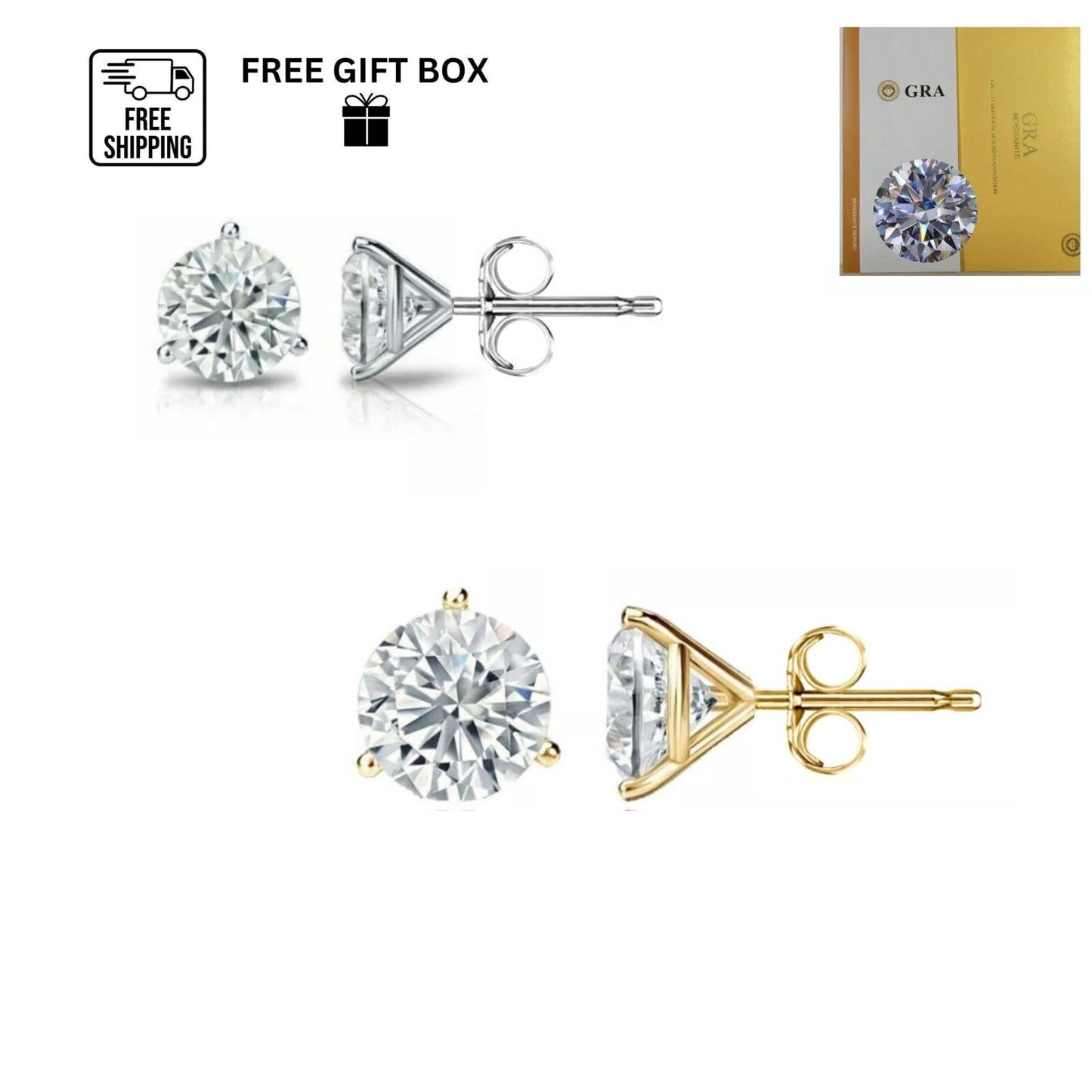 14K Gold GRA Certified D-VVS1 Round Moissanite Martini Push Back Stud Earrings