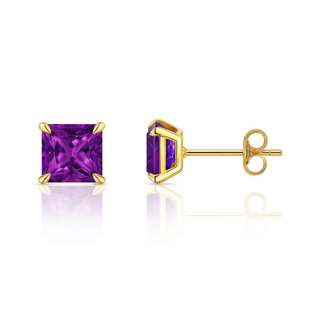14k Yellow Gold Solid Square Princess Cut Birthstone 6MM CZ Stud Earrings