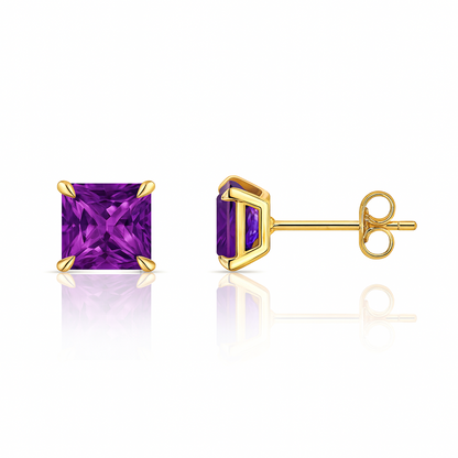 14k Yellow Gold Solid Square Princess Cut Birthstone 6MM CZ Stud Earrings