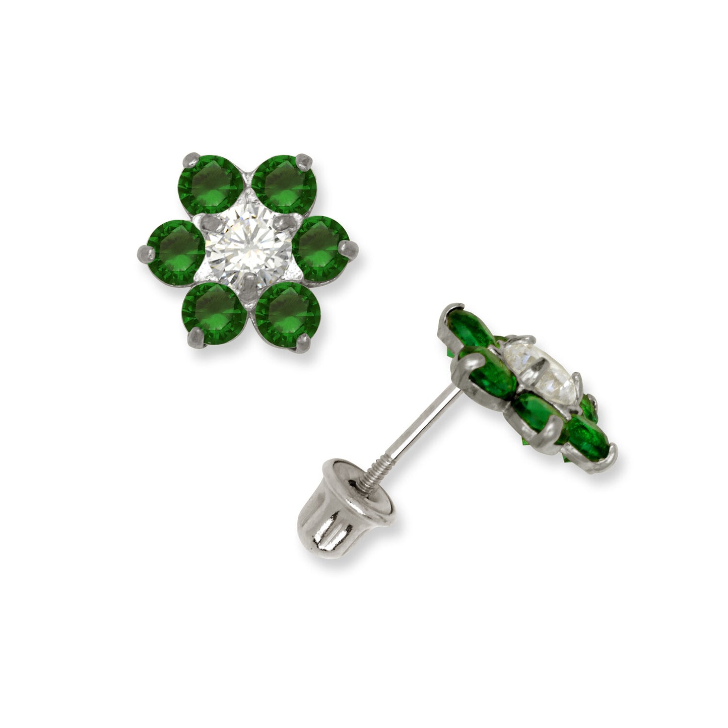 14k White Gold CZ Flower Birthstone Stud Screw Back Earrings