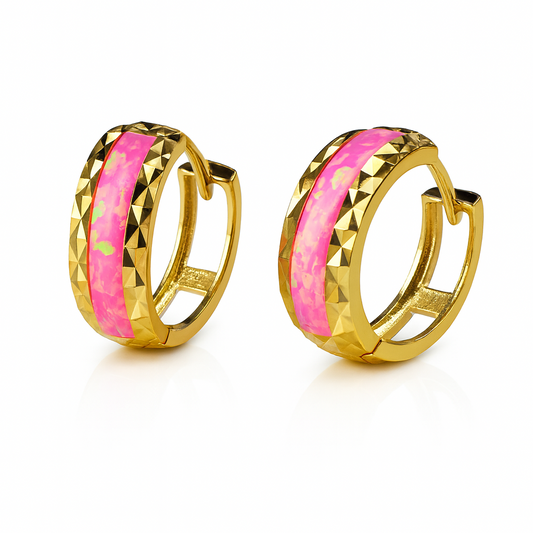 14k Yellow Gold Hot Pink Opal Huggie Hoop Earrings