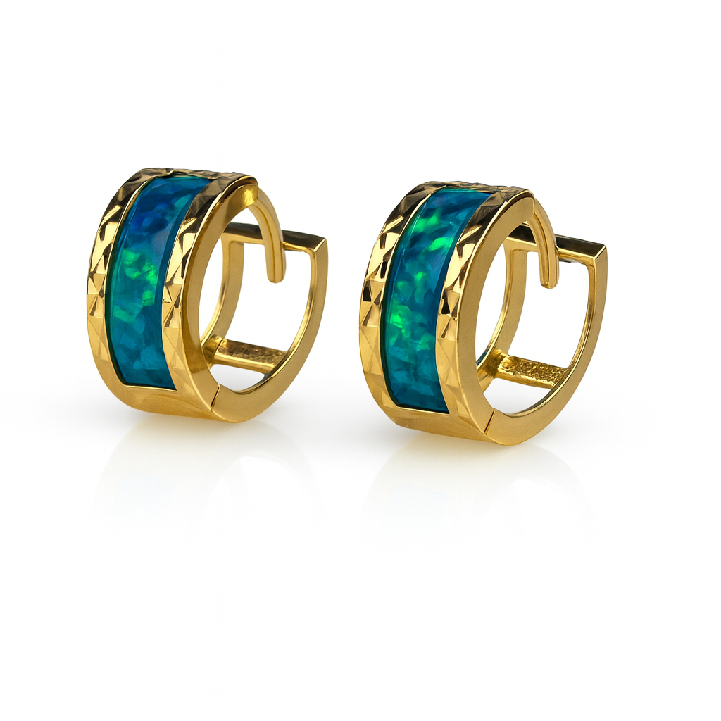 14k Yellow Gold Dark Green Opal Huggie Hoop Earrings