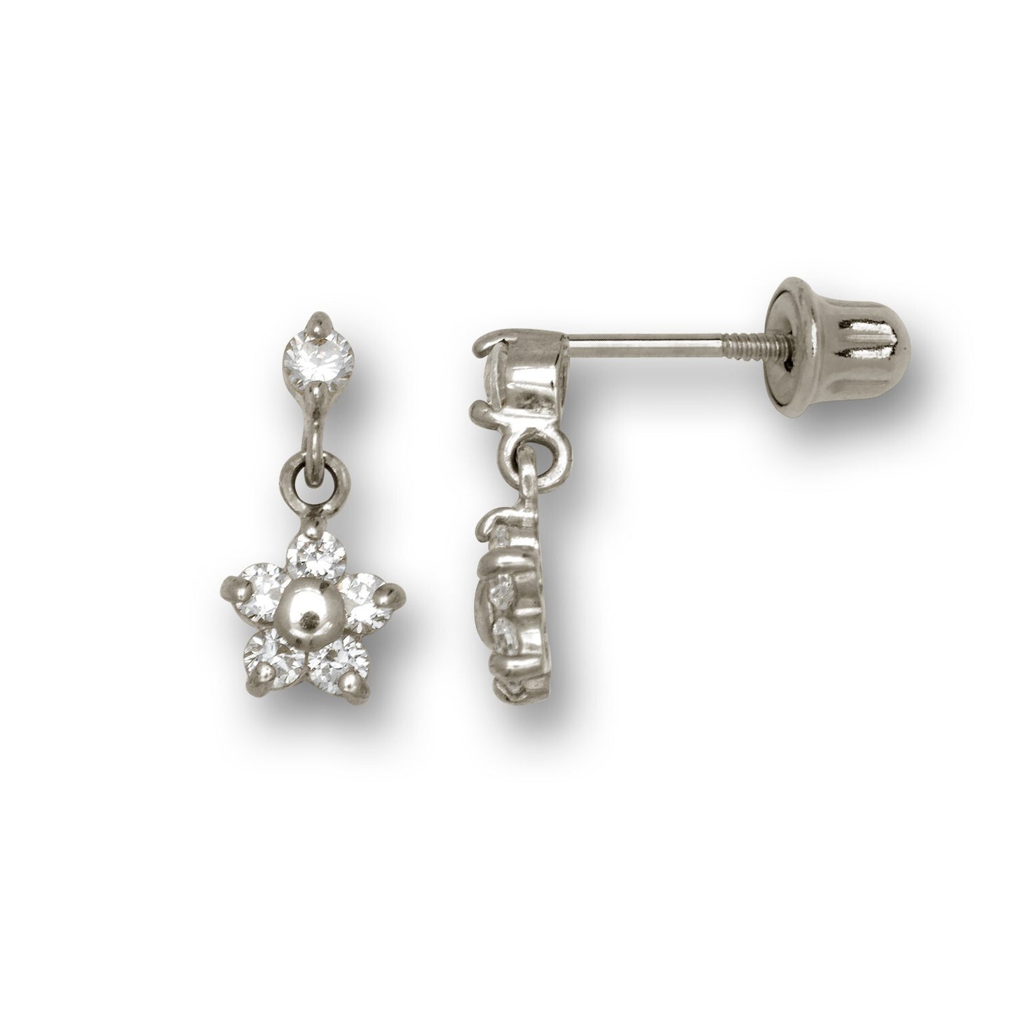 14k Yellow & White Gold Flower Dangle Stud Screw back Earrings for Girls