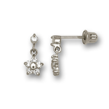 14k Yellow & White Gold Flower Dangle Stud Screw back Earrings for Girls