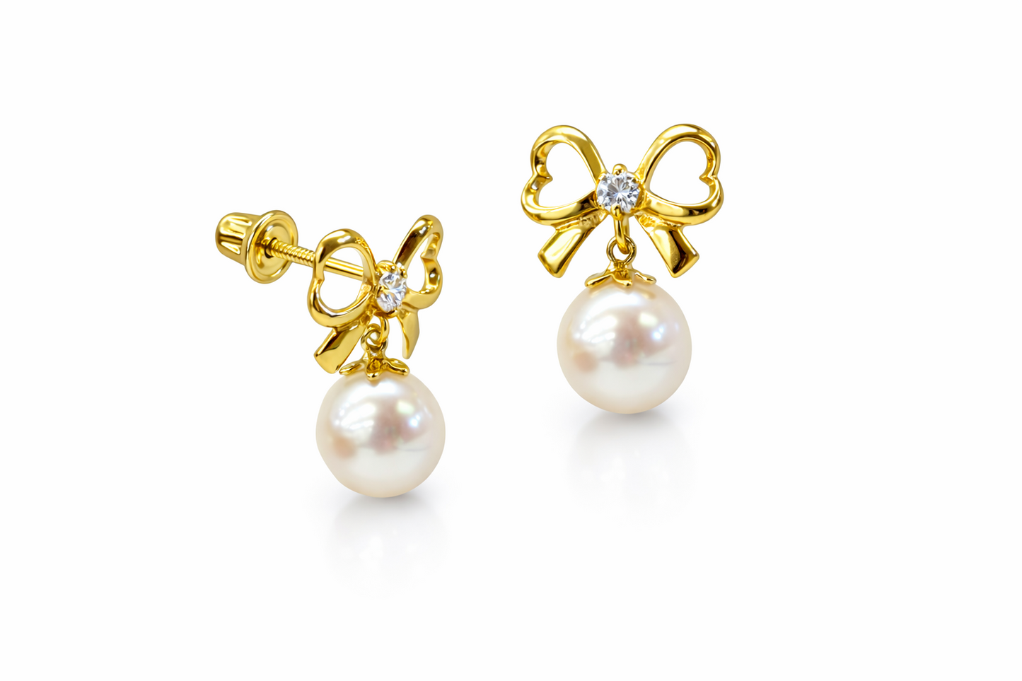 14K Yellow or White Gold Bow Tie Freshwater Pearl CZ Stud Earring