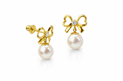 14K Yellow or White Gold Bow Tie Freshwater Pearl CZ Stud Earring