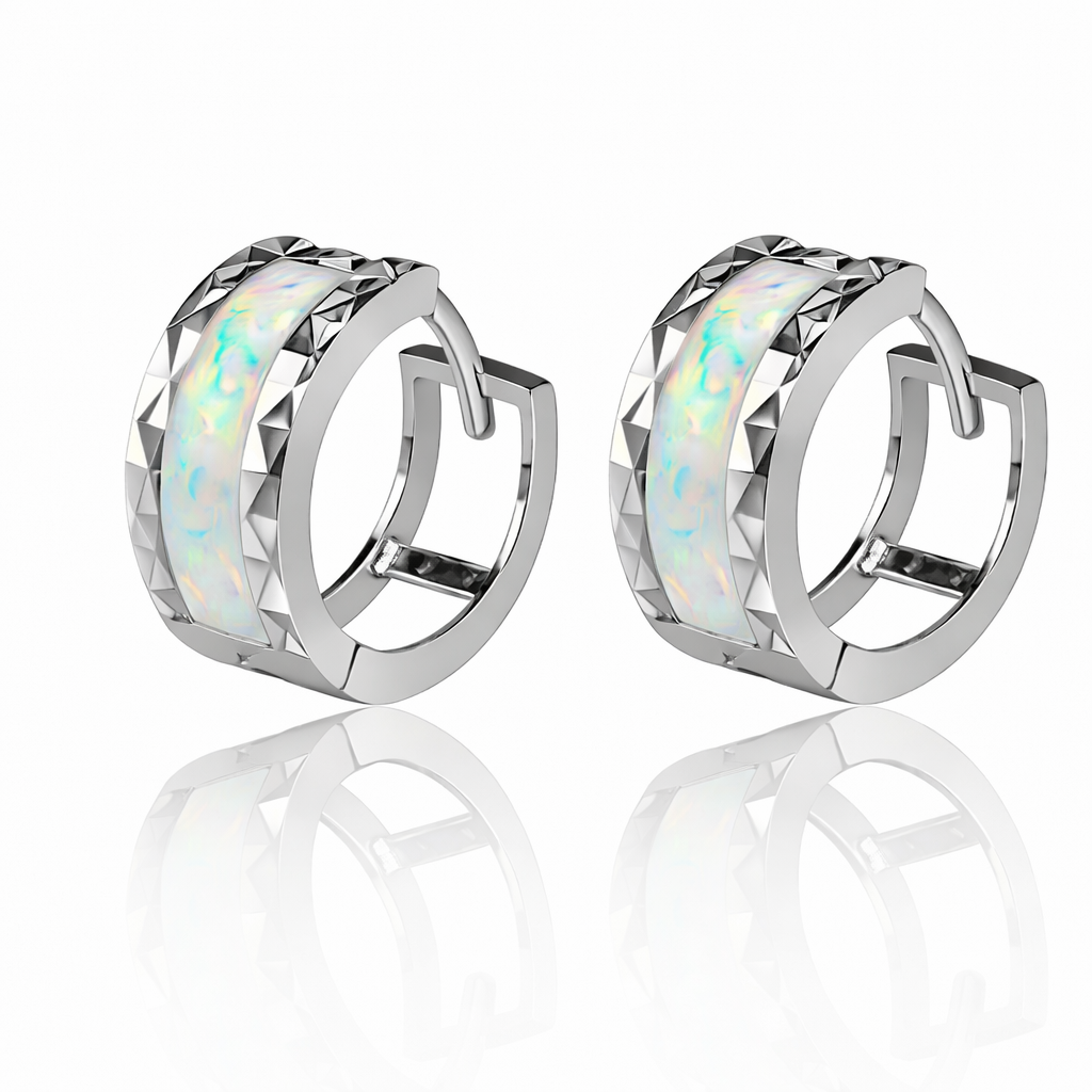 14k Yellow Gold White Opal Huggie Hoop Earrings