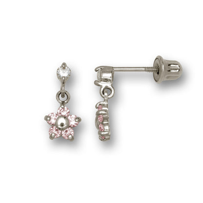 14k Yellow & White Gold Flower Dangle Stud Screw back Earrings for Girls