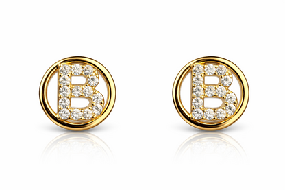 14k Yellow or White Gold Round Initial Letters CZ Stud Earrings