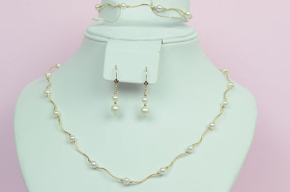 14k Yellow Gold Natural genuine White Pearls Necklace,Bracelet,Earrings 3pcs Set