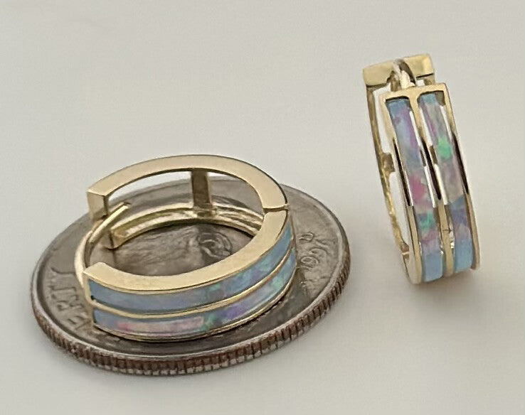 14k Yellow/White Gold Double Row Light Blue Opal Huggie Hoop Earrings