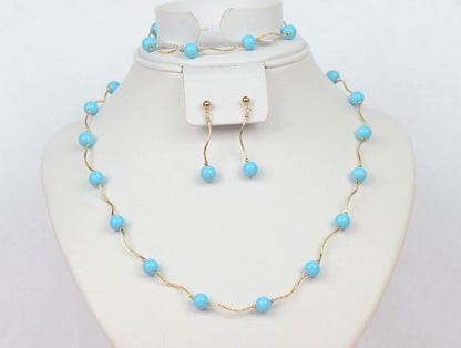 14k Yellow Gold Turquoise beads 3pcs Set: Necklace, Bracelet, Earrings