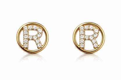 14k Yellow or White Gold Round Initial Letters CZ Stud Earrings