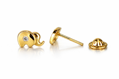 14k Solid Yellow Gold Elephant CZ Stud Earring with Screw Back