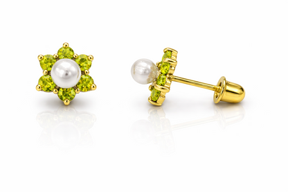 14k Yellow or White Gold Flower CZ Stud Earrings White Pearl with Screw Back