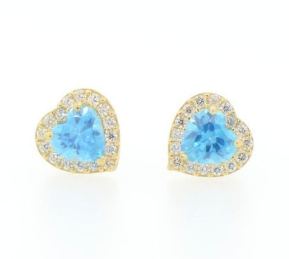 14K Yellow Gold Halo Heart CZ Stud Earrings Screw Back