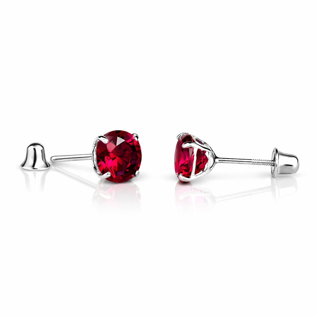 14K Solid White Gold 6mm Round Birthstone Stud Earrings with screw back